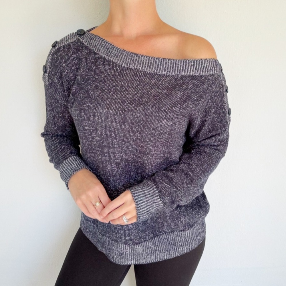 Joie Gadelle blue gray linen blend off-shoulder button detail knit sweater XS - Picture 14 of 15